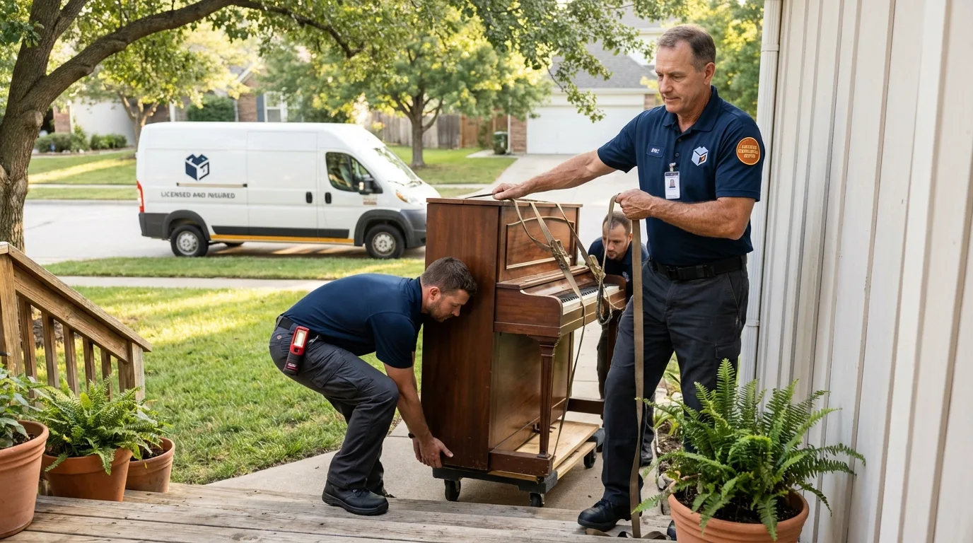 Licensed piano movers securing grand piano in Walkersville, MD