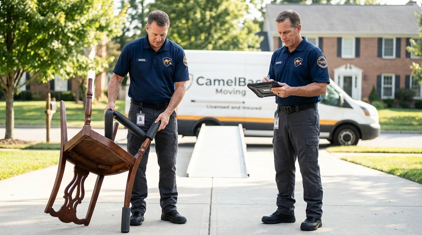 Movers inspecting furniture for damage prevention before loading in Walkersville, MD