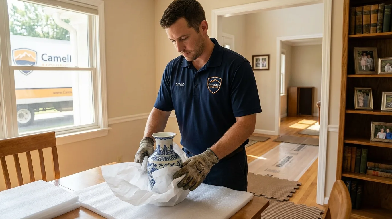 Professional crew carefully wrapping antique vase for senior downsizing move in Walkersville, MD